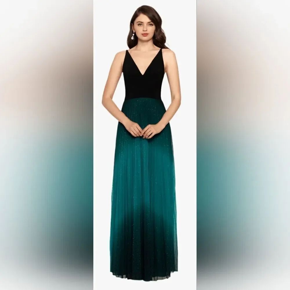Betsy & Adam Berkley V-Neck Jersey Pleated Glitter Dress NWOT Sz 6 Teal/Black